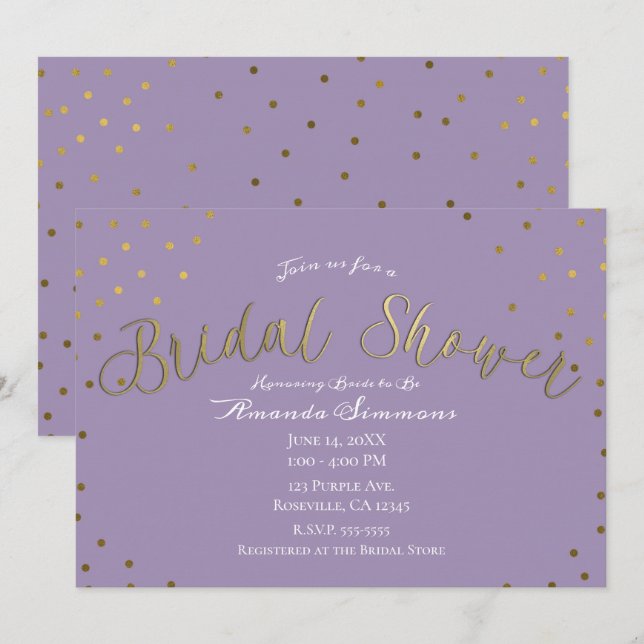 Convites Ducha de Noiva Glam Moderno Lilás Dourado e Roxo (Frente/Verso)