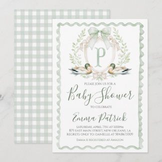Convites Duck Baby Boy Chá Preppy Gingham Sage Green