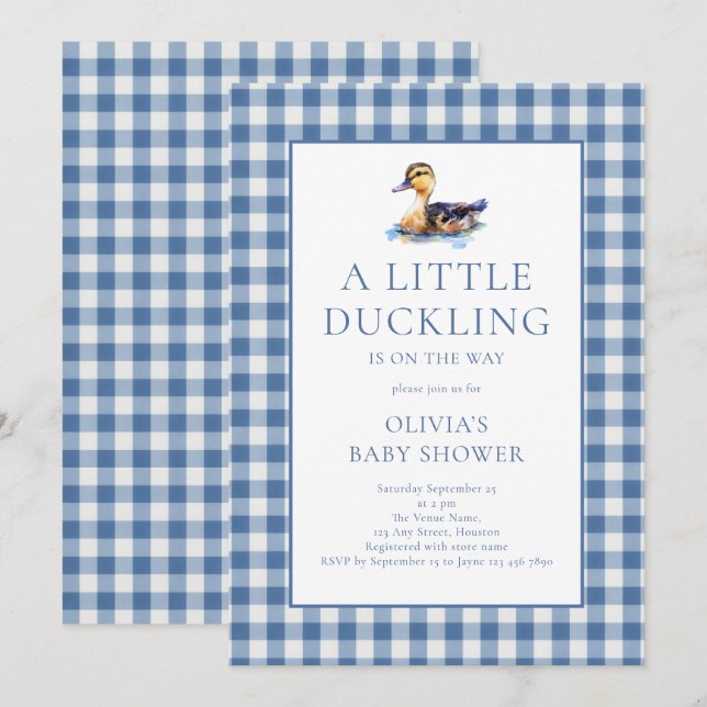 Convites Duck Blue Gingham Baby Shower (Frente/Verso)