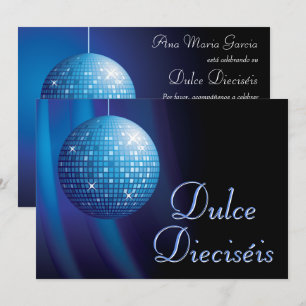 Convites Dulce Dieciséis Bola de Discoteca Azul Fiesta 