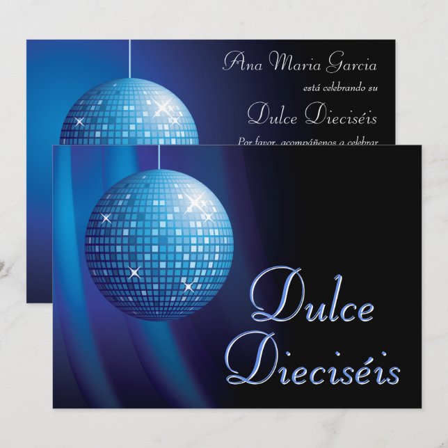 Convites Dulce Dieciséis Bola de Discoteca Azul Fiesta  (Frente/Verso)