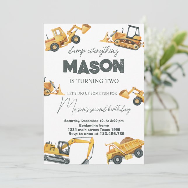 Convites Dump All Construction Birthday (Em pé/Frente)