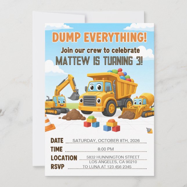 Convites Dump Everything Construction Dump Truck Birthday (Frente)