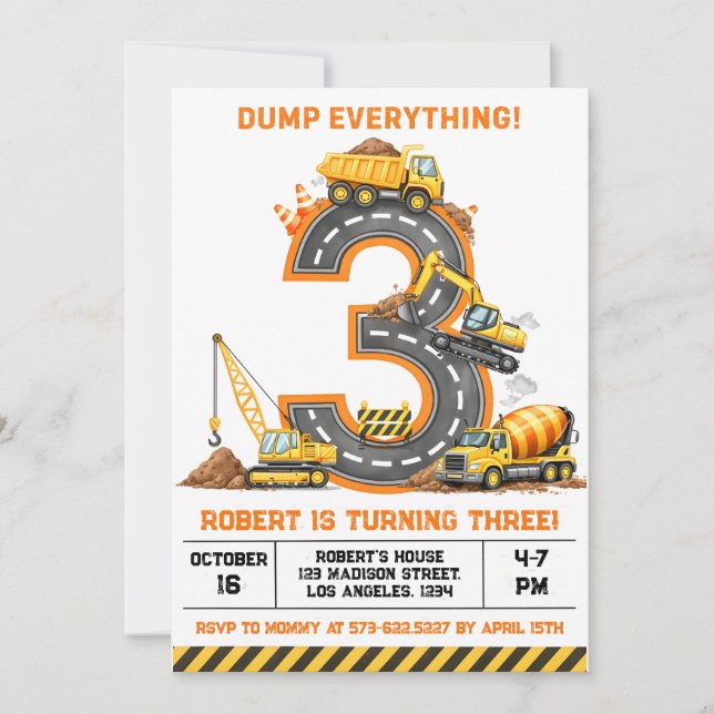 Convites Dump Everything Construction Truck 3rd Birthday (Frente)
