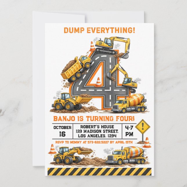 Convites Dump Everything Construction Truck 4th Birthday (Frente)