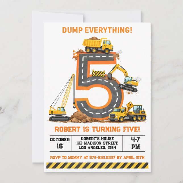 Convites Dump Everything Construction Truck 5th Birthday (Frente)