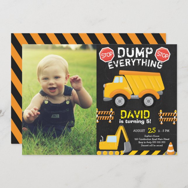Convites Dump Truck Construction Chalk Birthday com Foto (Frente/Verso)