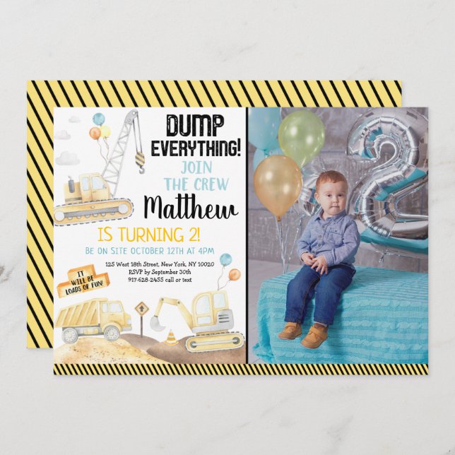 Convites Dump Truck Digger Second Birday (Frente/Verso)