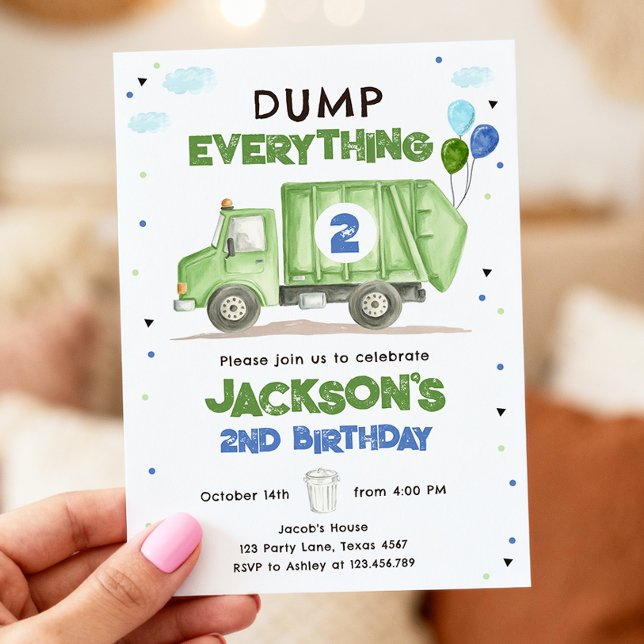 Convites Dump Truck Green Garbage Truck Boy Birthday (Criador carregado)