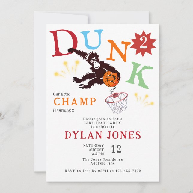 Convites Dunk! Aniversário de criança de basquete de macaco (Frente)