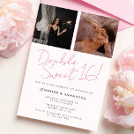 Convites Dupla Celebração de Aniversário Comum Cor-de-Rosa<br><div class="desc">Convite de aniversário moderno para uma dupla festa de 16 anos doce! Este convite de aniversário comum bonito apresenta duas fotos e uma paleta cor rosa.</div>
