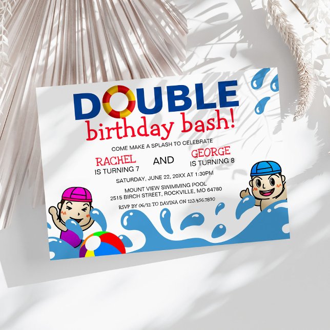 Convites Dupla Celebração | Festa de Aniversário na Piscina (Criador carregado)