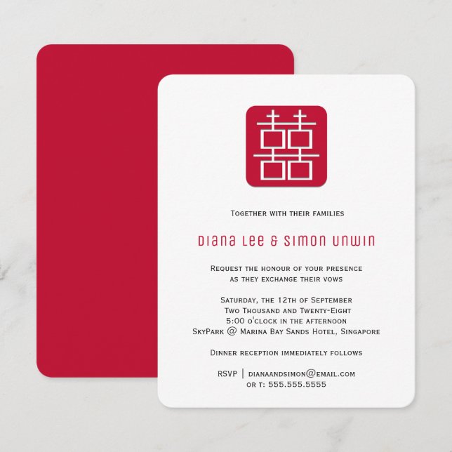 Convites Dupla Felicidade Contemporânea | Casamento Chinês (Frente/Verso)