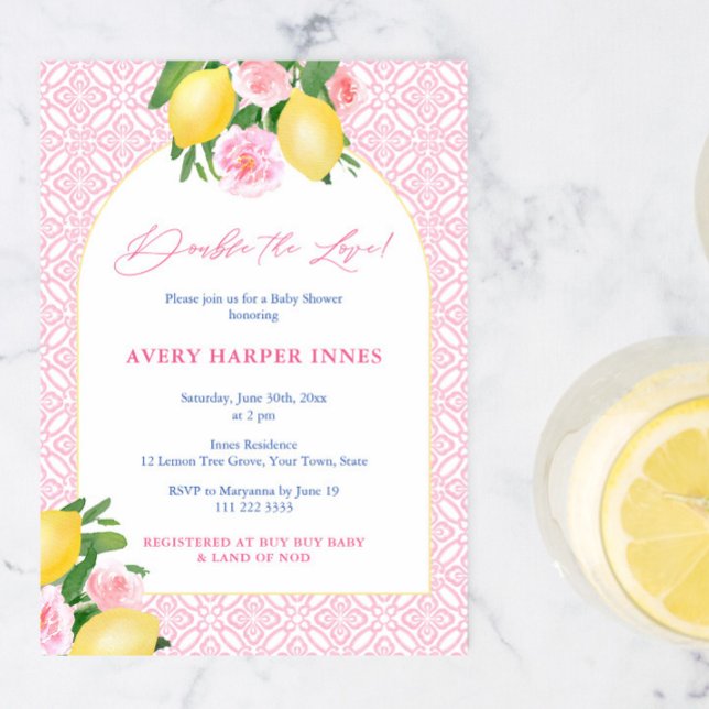 Convites Duplique O Amor Limões Rosa Chuveiro De Bebê Gêmea (Double The Love Italian Lemons With Pink Tiles Baby Shower Invitation For Twin Girls)