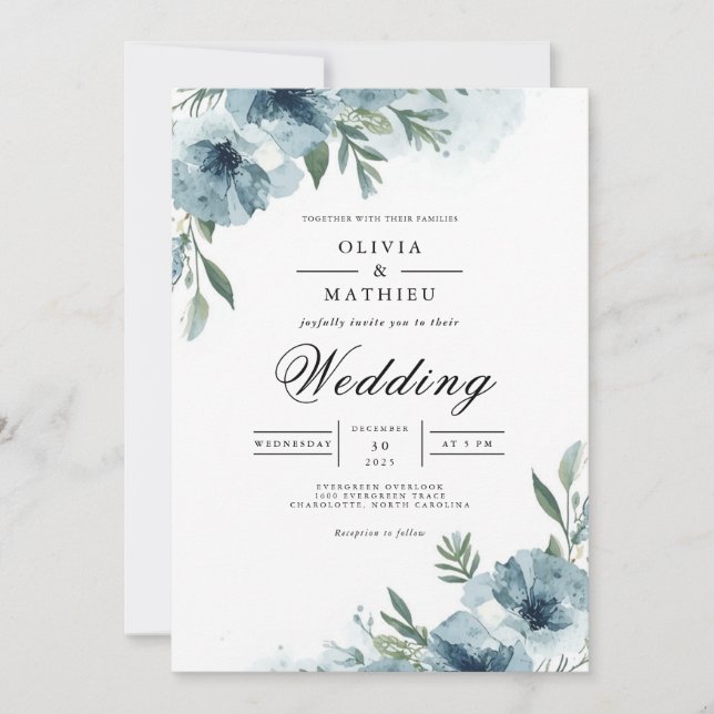 Convites Dusky Blue Floral Swirl Wedding (Frente)
