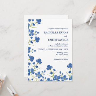 Convites Dusky Blue Flower Wedding Invite
