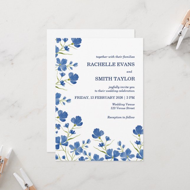 Convites Dusky Blue Flower Wedding Invite (Frente/Verso In Situ)