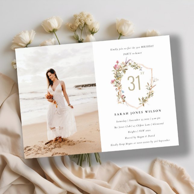 Convites Dusky Blush Wildflower Crest Foto Aniversário (Criador carregado)