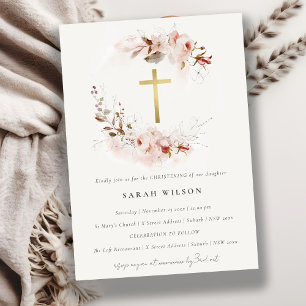 Convites Dusky Fall Marsala Blush Floral Cross Christening