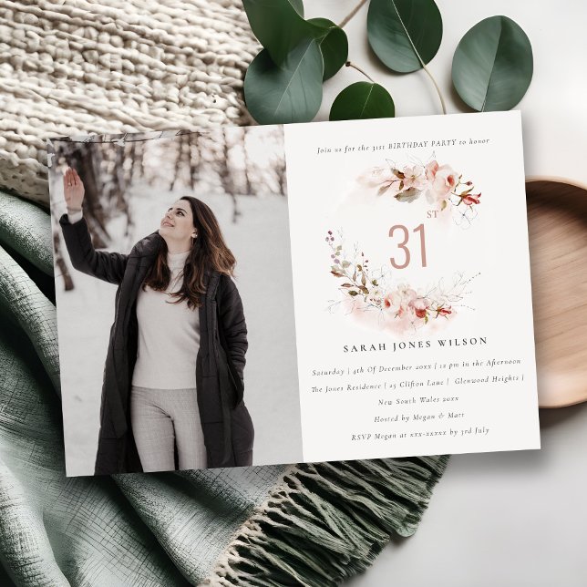 Convites Dusky Fall Marsala Blush Foto Floral Aniversário (Criador carregado)