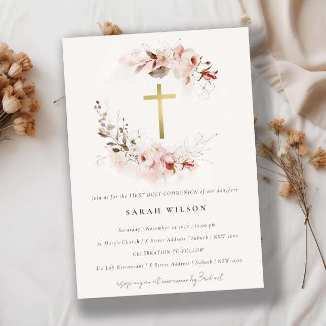 Convites Dusky Fall Marsala Floral Primeira Comunhão Santa (Criador carregado)