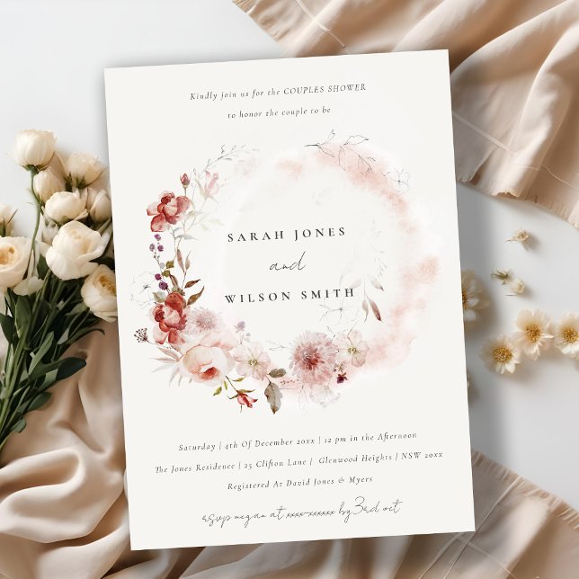 Convites Dusky Fall Marsala Floral Wreath Casal Chá (Criador carregado)