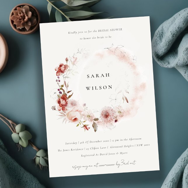 Convites Dusky Fall Marsala Floral Wreath Chá de panela (Criador carregado)