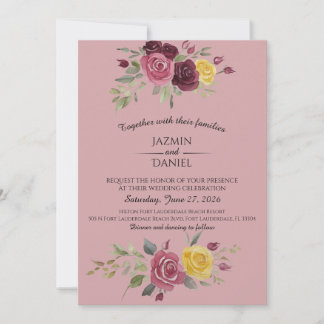 Convites Dusky Pastel Watercolor Roses Maroon Invitation