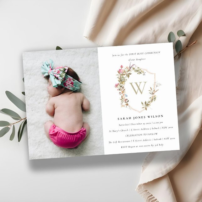 Convites Dusky Wildflower Crest Foto Primeira Comunhão Sant (Criador carregado)