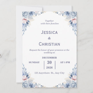 Convites Dust Blue Floral Wedding Invitation 