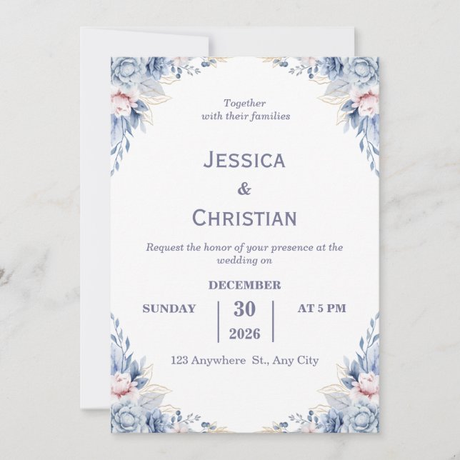 Convites Dust Blue Floral Wedding Invitation  (Frente)