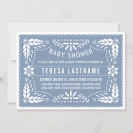 Convites Dusty azul papel picado chá bebê mexicano