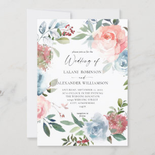 Convites Dusty Baby Blue & Pink Blush 2 Floral Wedding Invi