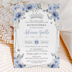 Convites Dusty Baby Blue Silver Floral Branco Quinceañera 1