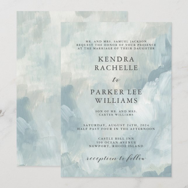 Convites Dusty Blue Abstrato Brushstrokes Casamento Moderno (Frente/Verso)