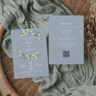 Convites Dusty Blue All in One Eucalyptus Código QR Casamen