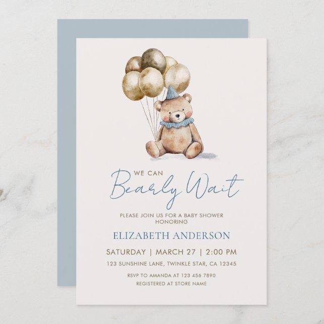 Convites Dusty Blue and Gold Bearly Wait Bear Baby Shower (Frente/Verso)