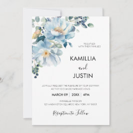 Convites Dusty Blue and Gold Elegant Floral Rustic Wedding