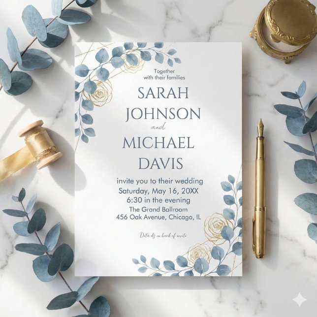 Convites Dusty Blue and Gold Floral wedding (Criador carregado)