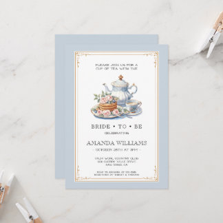 Convites Dusty Blue and Gold Tea Party Bridal Shower
