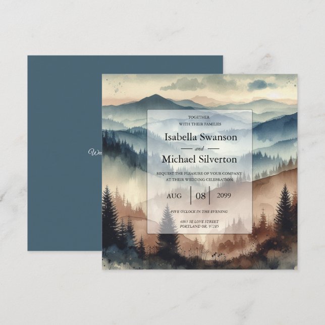Convites Dusty Blue and Mocha Brown Mountains Wedding (Frente/Verso)