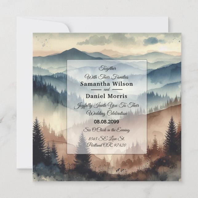 Convites Dusty Blue and Mocha Brown Mountains Wedding (Frente)