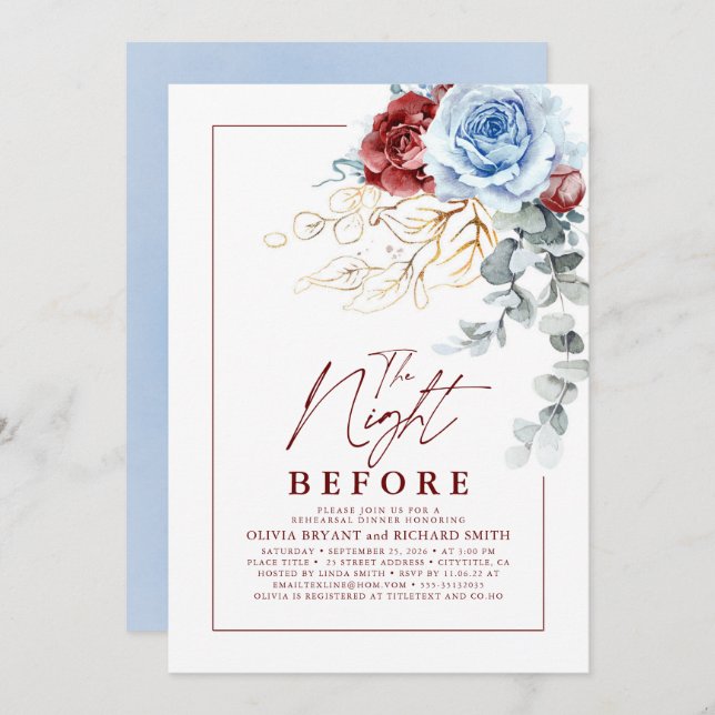 Convites Dusty Blue and Red Floral Rehearsal Dinner (Frente/Verso)