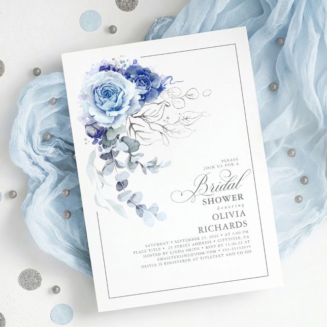 Convites Dusty Blue and Silver Floral Botanic Bridal Shower (Dusty Blue and Silver Botanical Floral Elegant Bridal Shower Invitation)