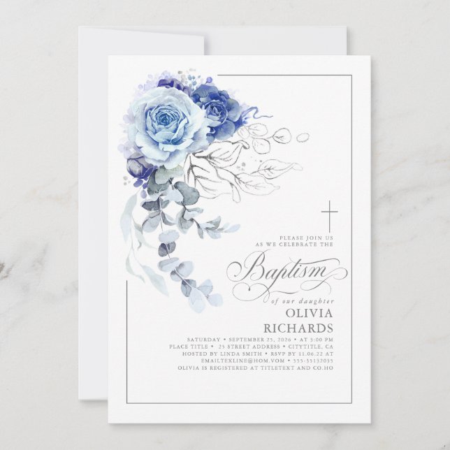 Convites Dusty Blue and Silver Floral Elegant Baptism (Frente)