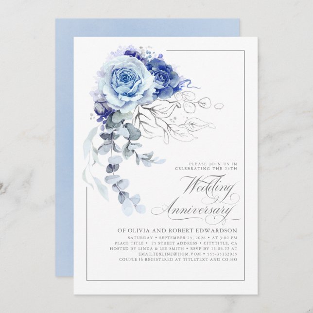 Convites Dusty Blue and Silver Floral Wedding Anniversary (Frente/Verso)