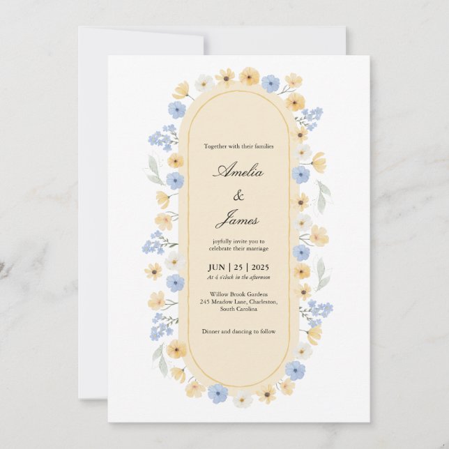 Convites Dusty Blue and Yellow Wildflower Garden Wedding (Frente)