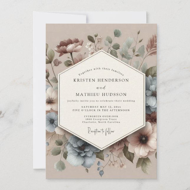 Convites Dusty Blue Antique Floral Wedding (Frente)