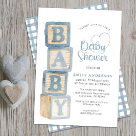 Convites Dusty Blue Baby Blocks Baby Shower Cottage Gingham