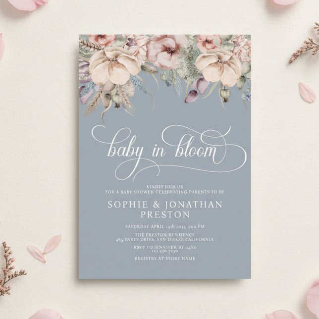 Convites Dusty Blue Baby In Bloom QR Floral Baby Shower (Criador carregado)